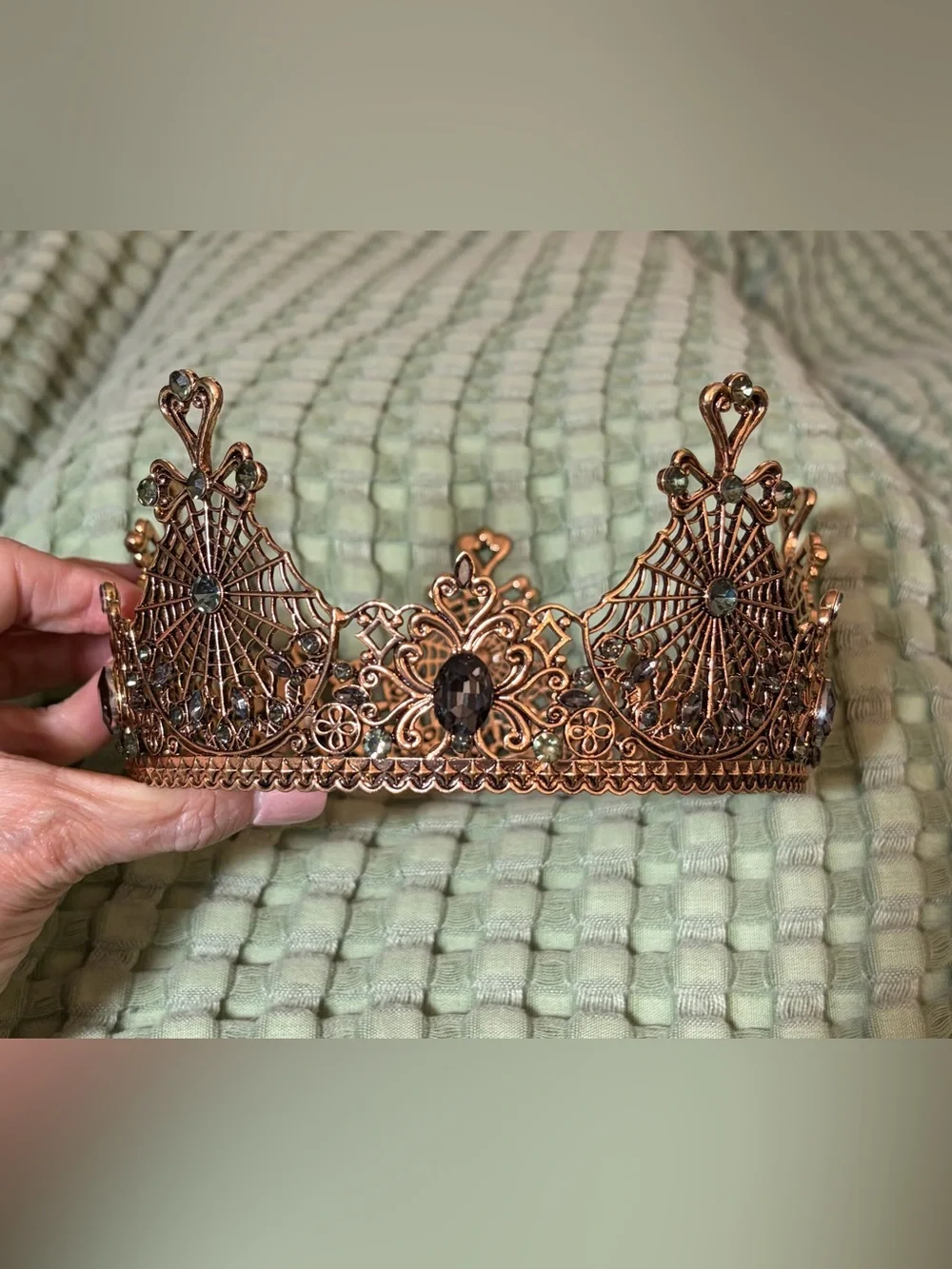 Antiqued Rose Gold Spiderweb Rhinestone Crown Tiara Halloween Gothic